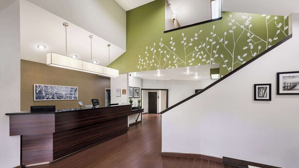 A reception area with a wooden reception desk, a green wall with white leaf patterns, and a staircase with a white railing. - Sleep Inn Athens I-65 (Athens)
