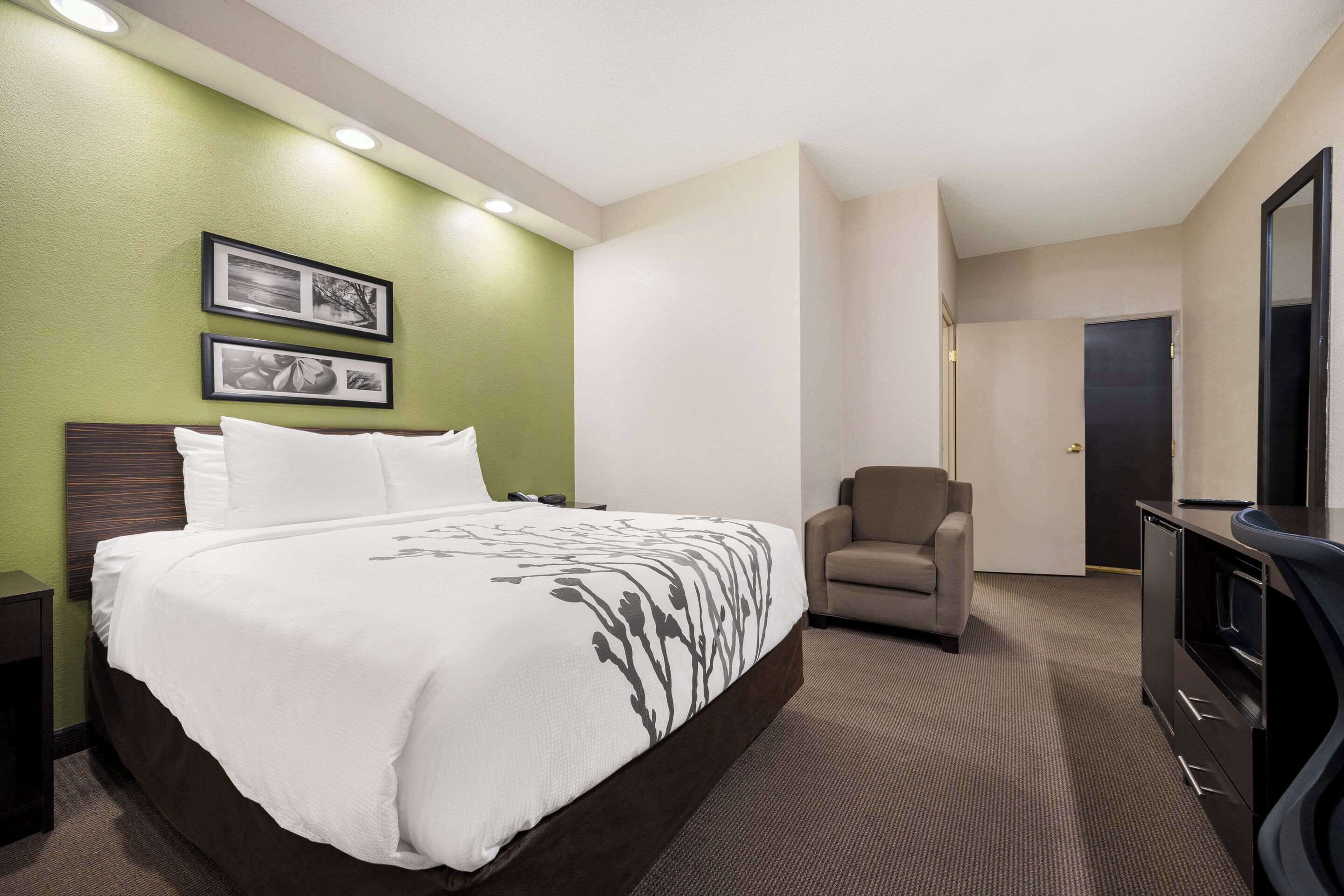 A hotel room with a large bed, a chair, a desk, and a television.