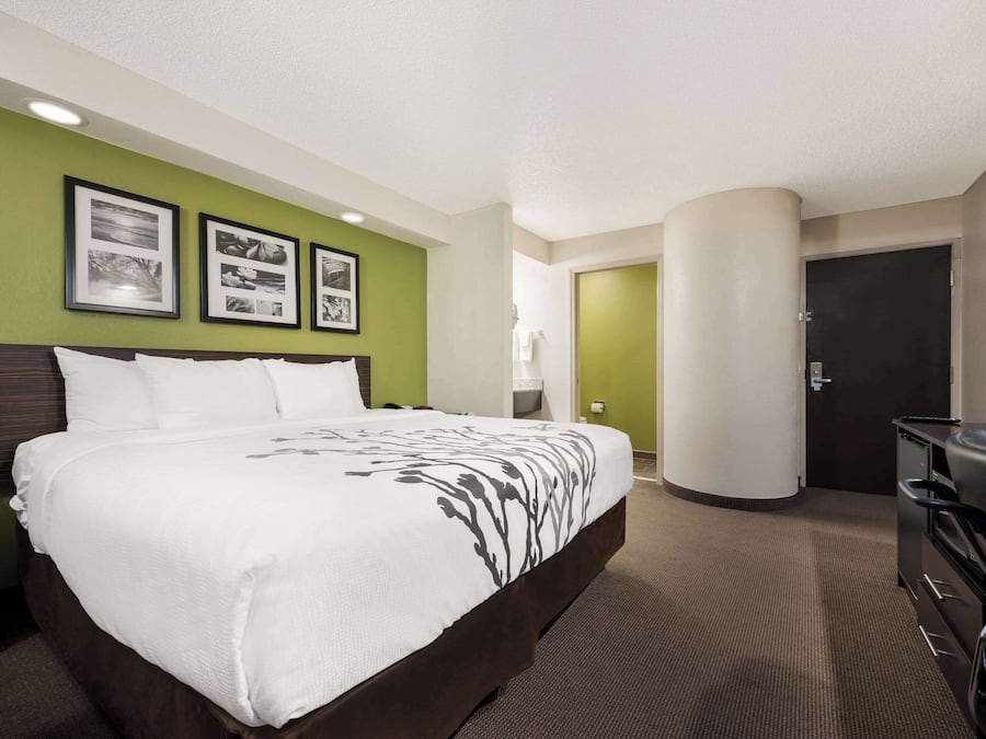 A hotel room with a large bed, a desk, and a chair. There are framed pictures on the wall and a door to the right.