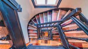 Un escalier en colimaçon avec une lucarne, des marches recouvertes de moquette et une rampe en bois.