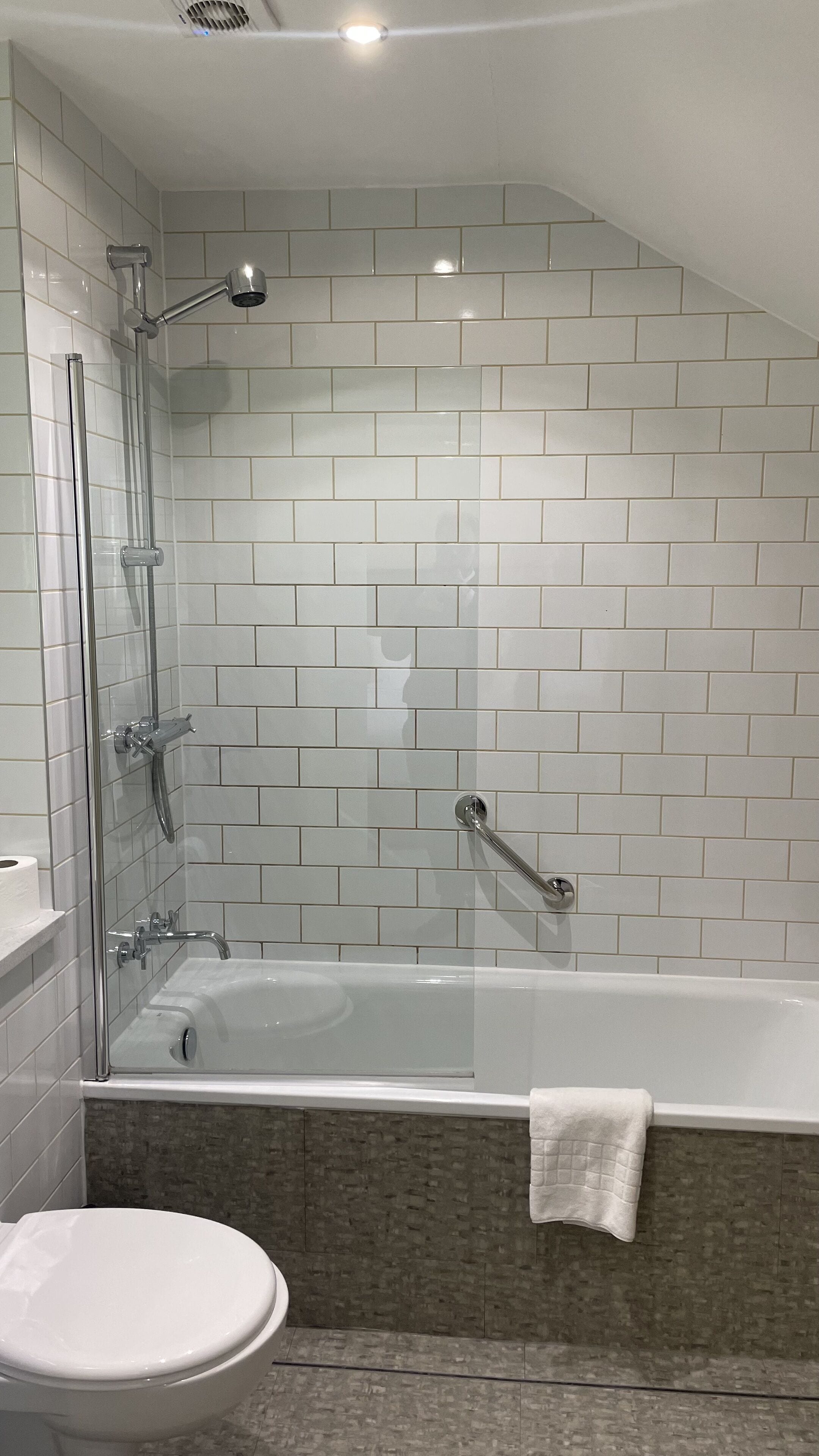 A modern bathroom with a glass-enclosed shower, a freestanding bathtub, and a toilet.