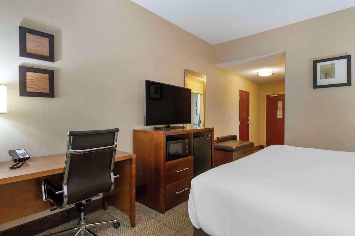 A hotel room with a bed, desk, chair, television, microwave, and a small refrigerator.