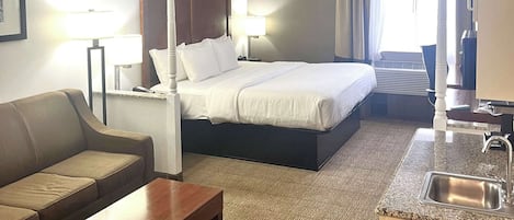 Desk, laptop workspace, blackout curtains, iron/ironing board