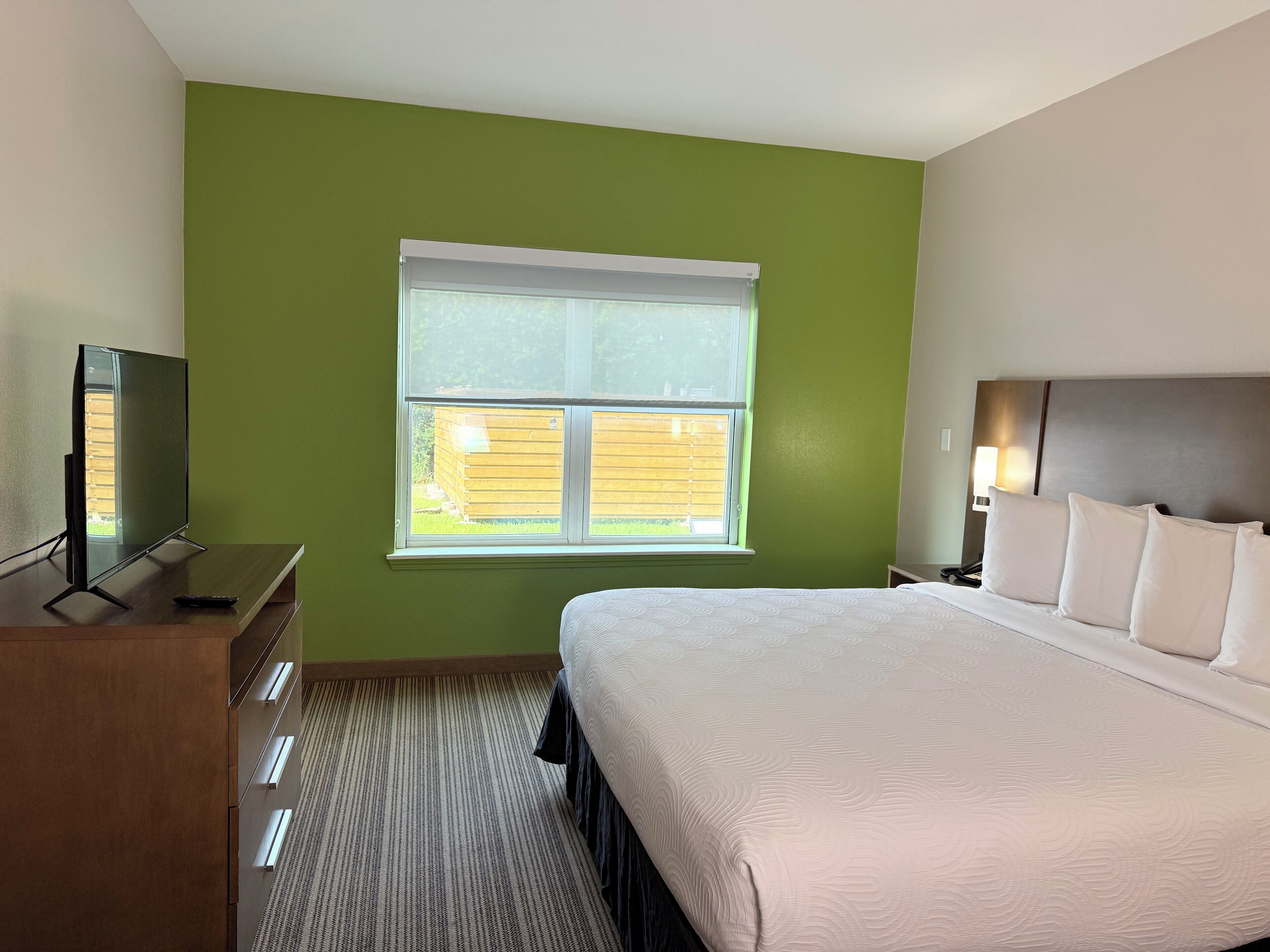 A hotel room with a bed, a TV on a wooden dresser, a window with blinds, and a nightstand with a lamp.