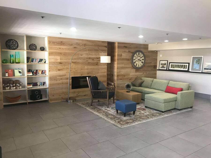 Una sala de estar moderna con un sofá, una mesa de centro, una estantería y una chimenea.