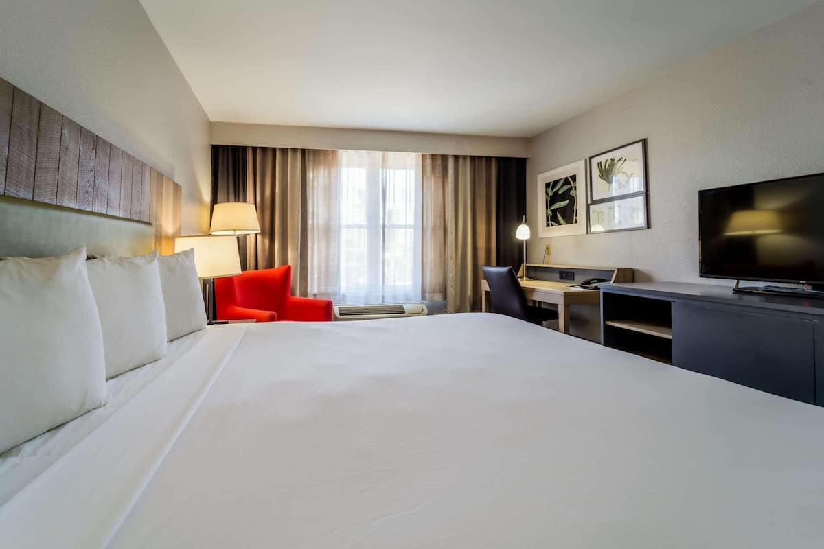 A hotel room with a large bed, a desk, a chair, a television, and a window with curtains.