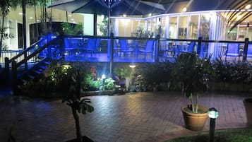 Outdoor pool, pool umbrellas, pool loungers