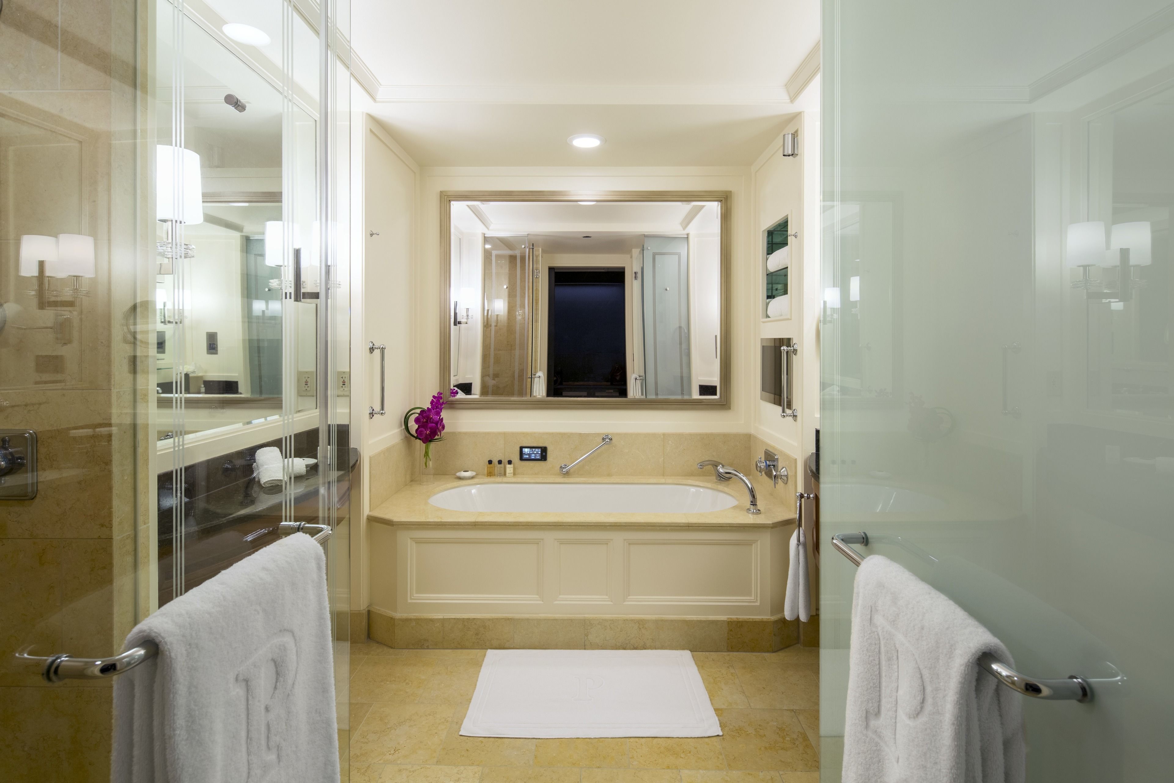 separate bathtub and shower, designer toiletries, hair dryer, bathrobes