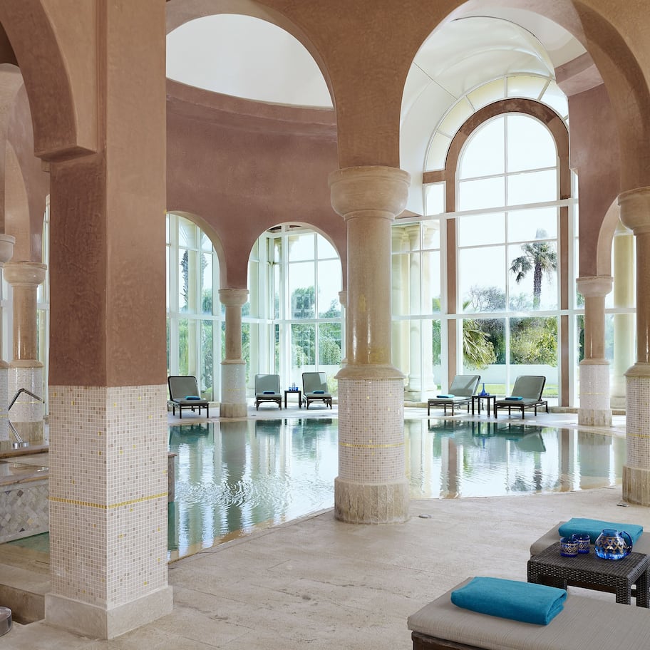 Indoor pool, outdoor pool, pool umbrellas, sun loungers