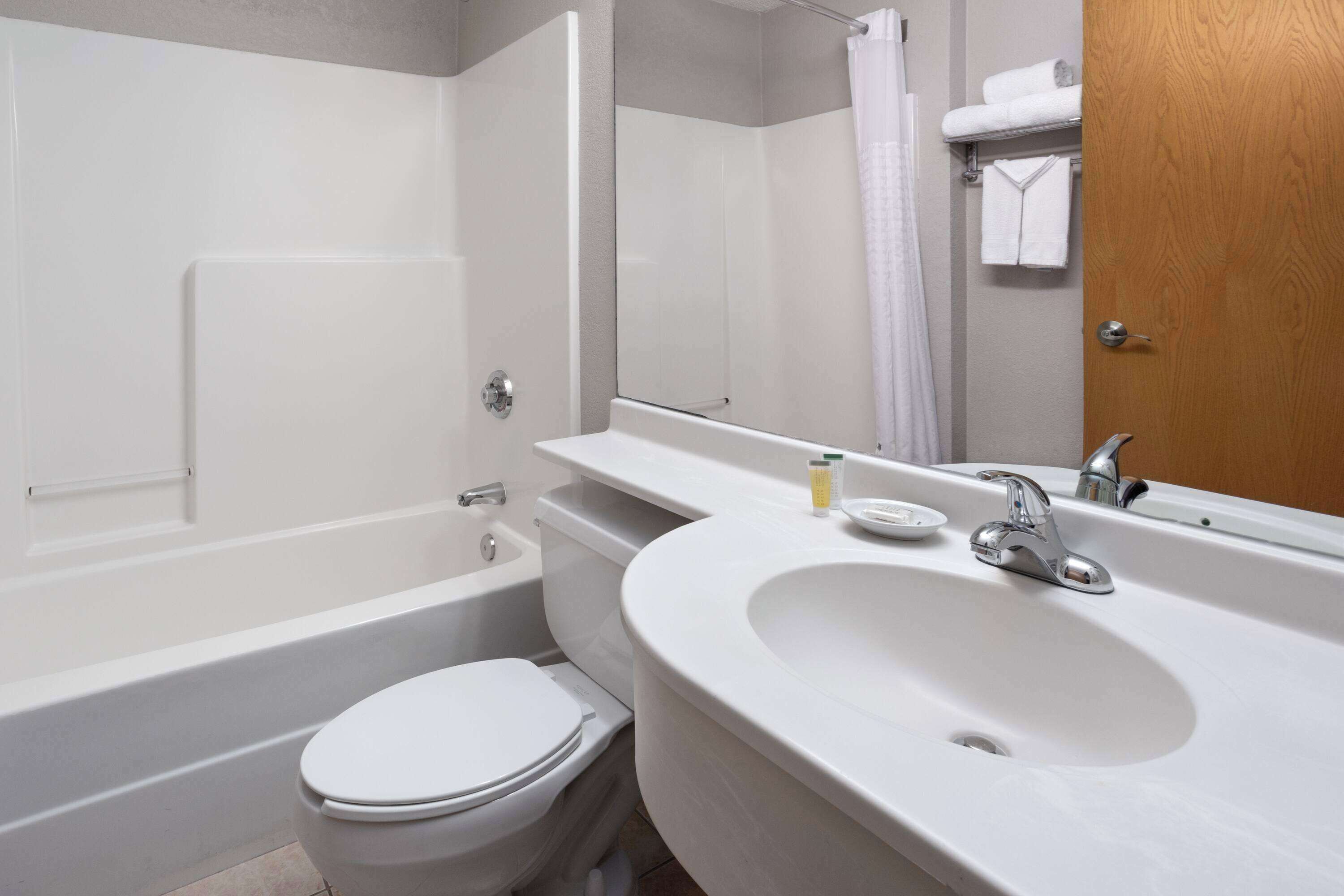 combined shower/bathtub, free toiletries, hair dryer, towels