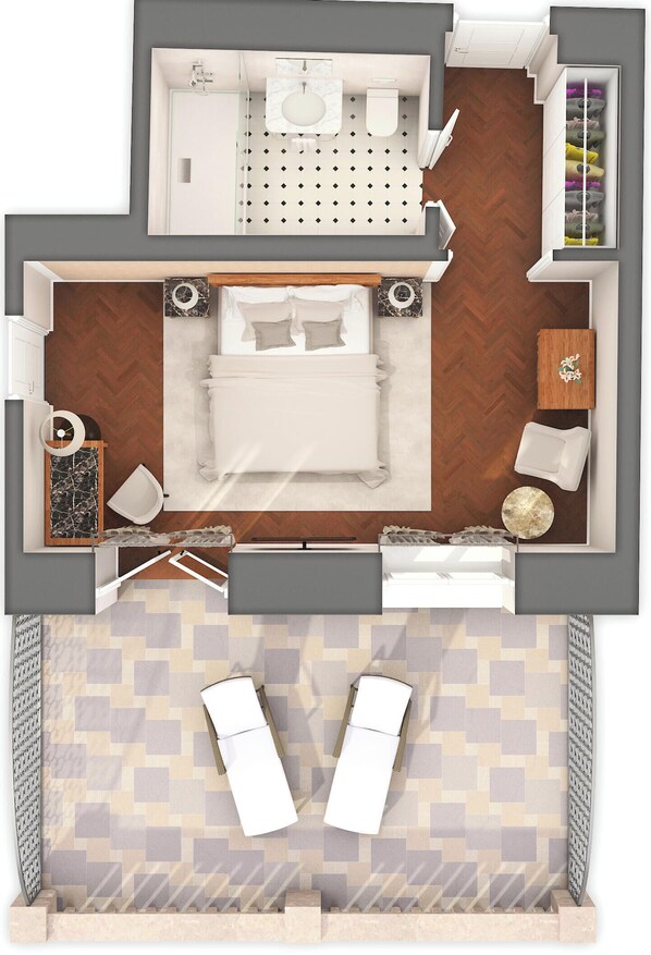 Distribución de una habitación de hotel con cama, zona de estar, baño y espacio de almacenamiento.