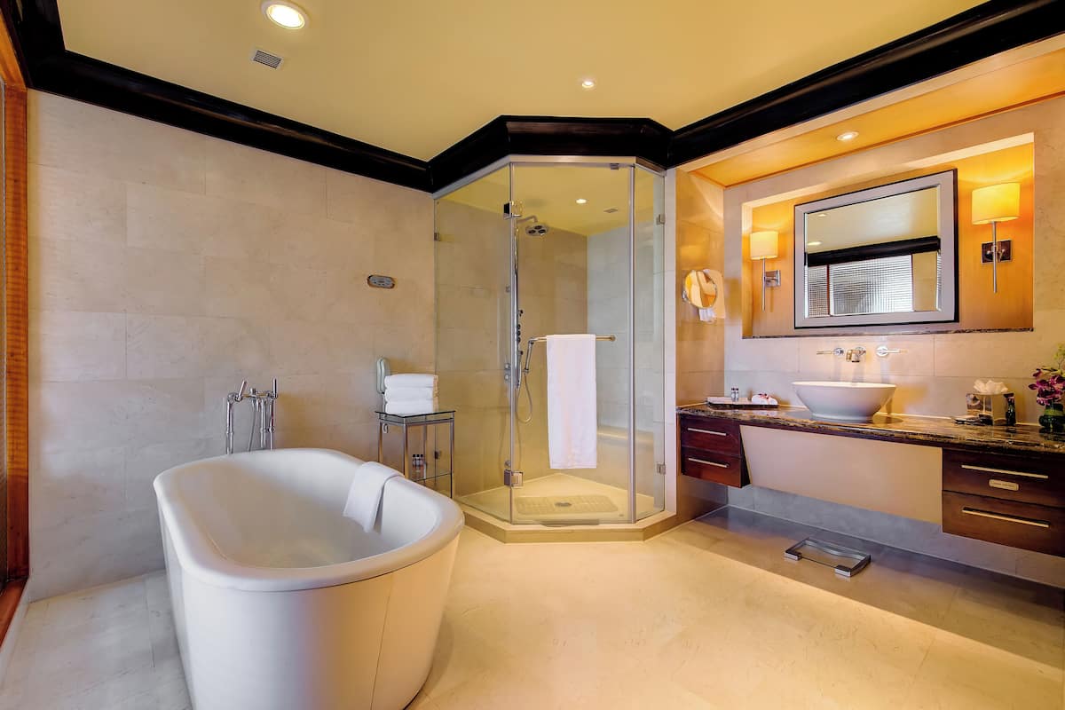 seleqtions suite | bathroom | shower, rainfall showerhead, designer toiletries, hair dryer
