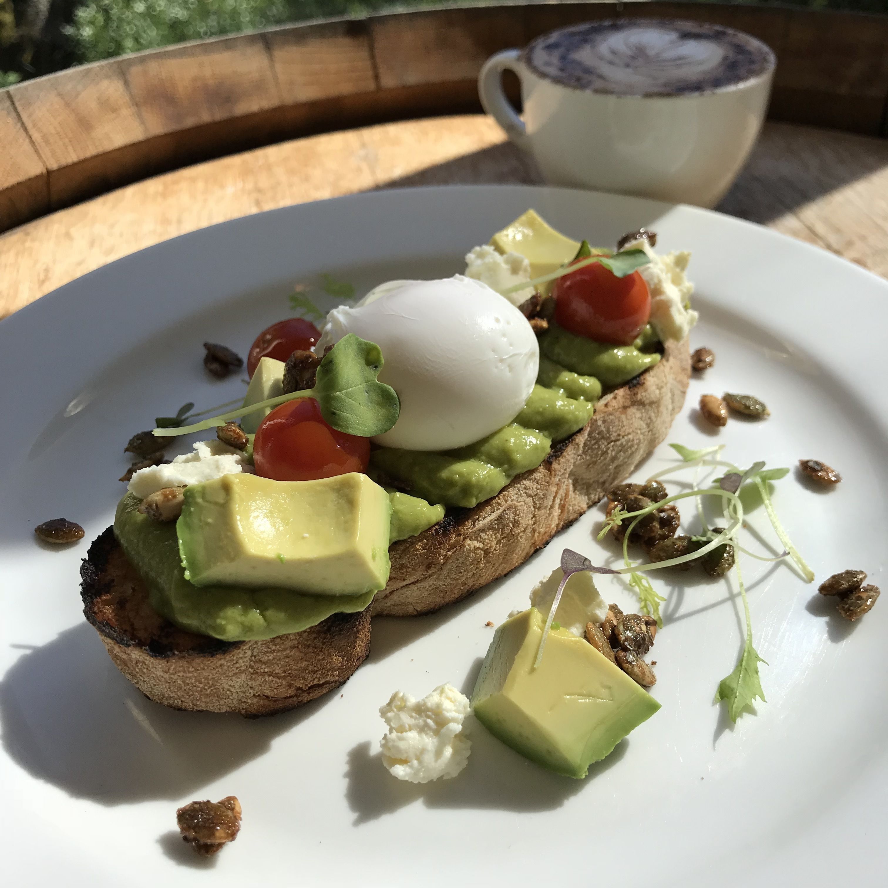 A plate with a sandwich topped with avocado, tomato, and a poached egg, accompanied by a cup of coffee.