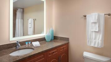 Separate tub and shower, hair dryer, towels