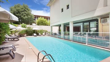 Seasonal outdoor pool, pool umbrellas, pool loungers