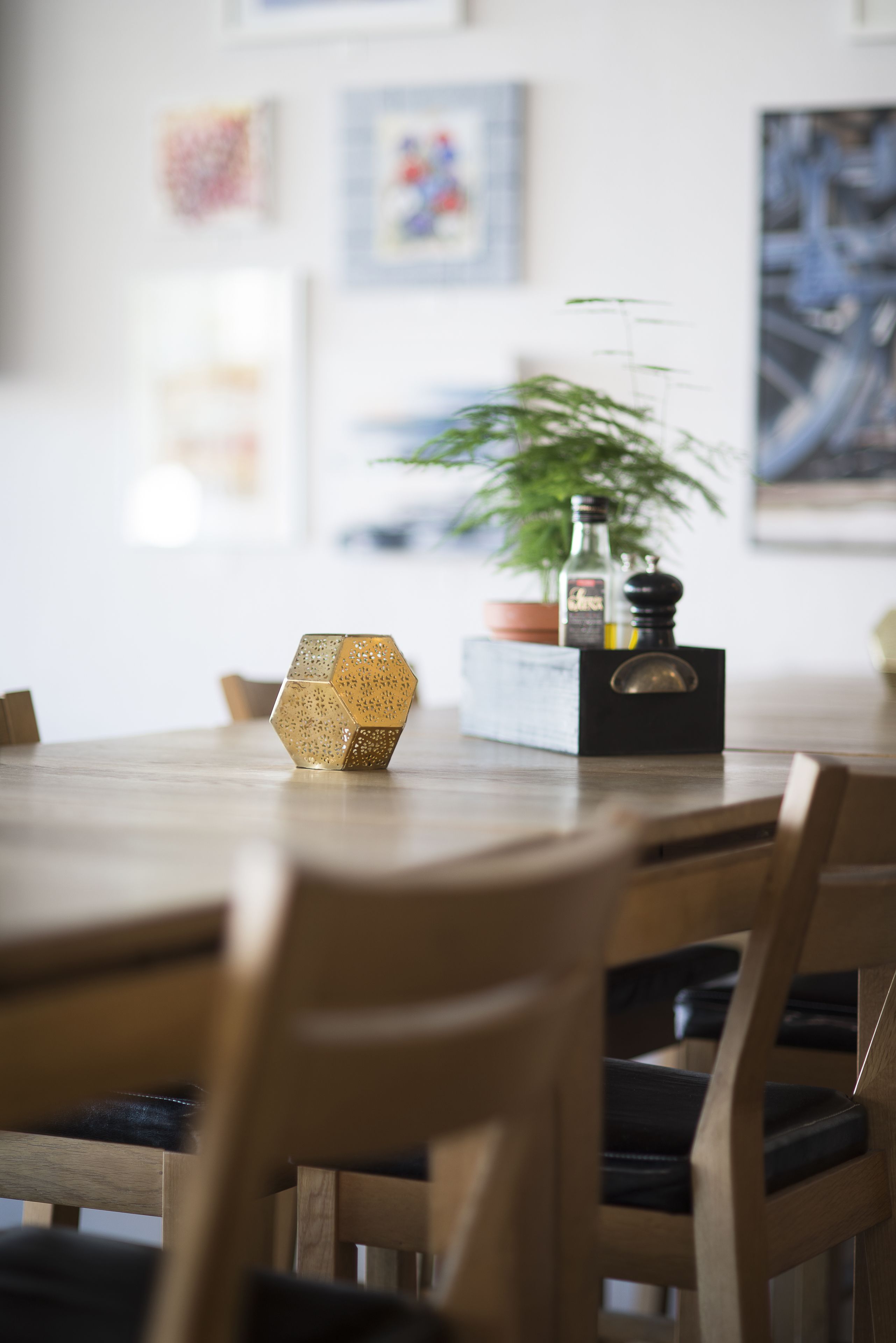 A wooden dining table with hexagonal decorative items, a potted plant, and a bottle on a black box.