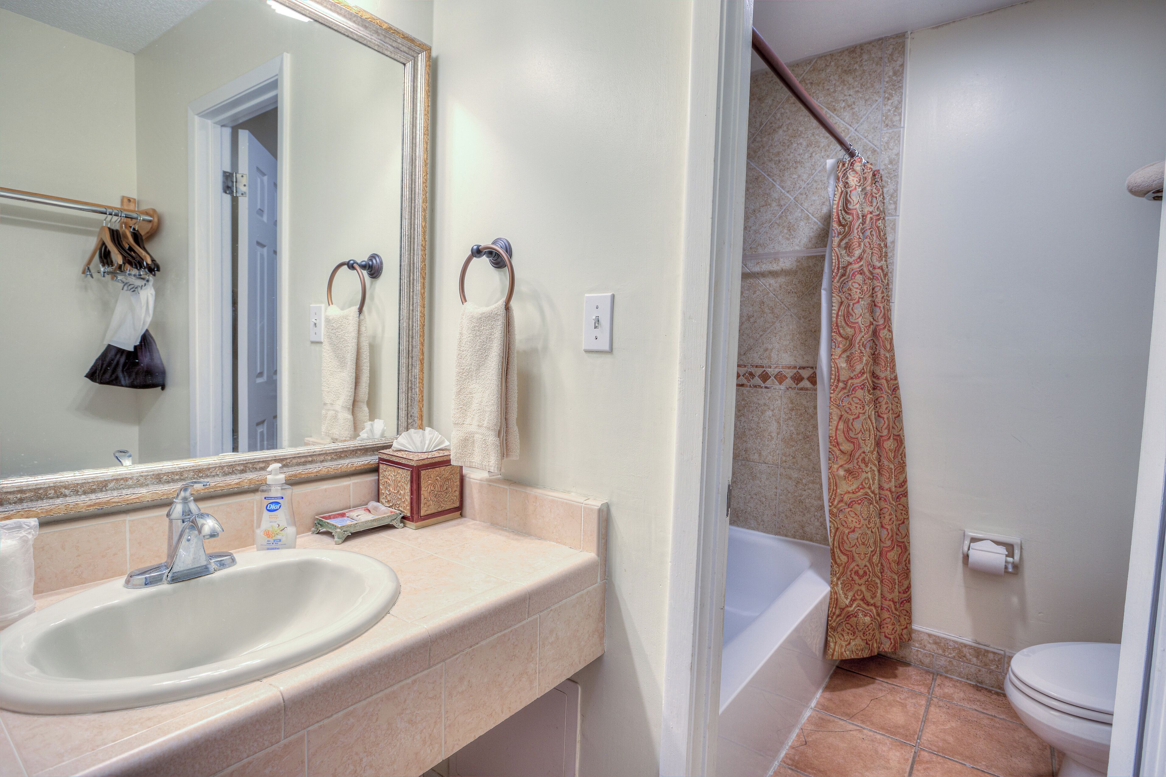 A bathroom with a sink, mirror, towel rack, shower curtain, and toilet.