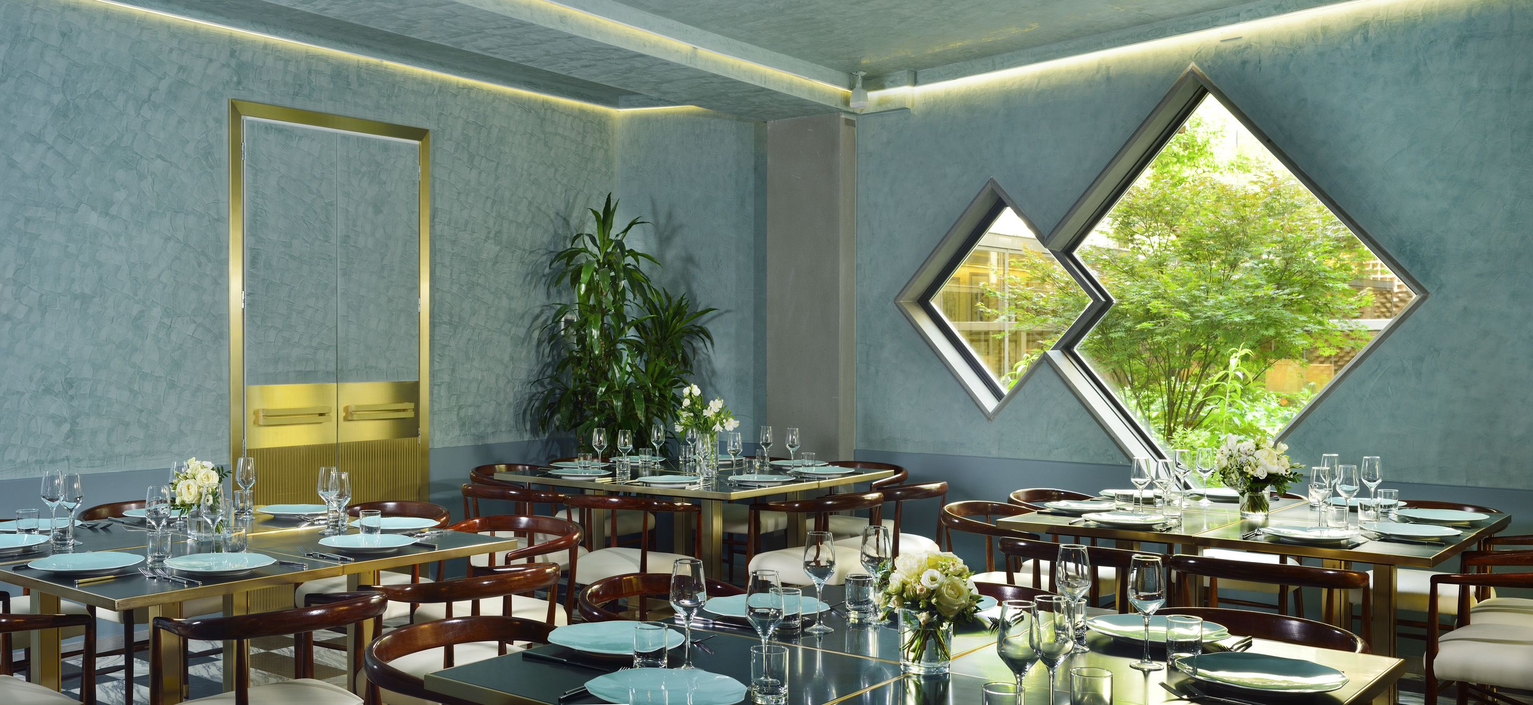 A dining area with multiple tables set for service, a large potted plant, and a view through a geometric window.