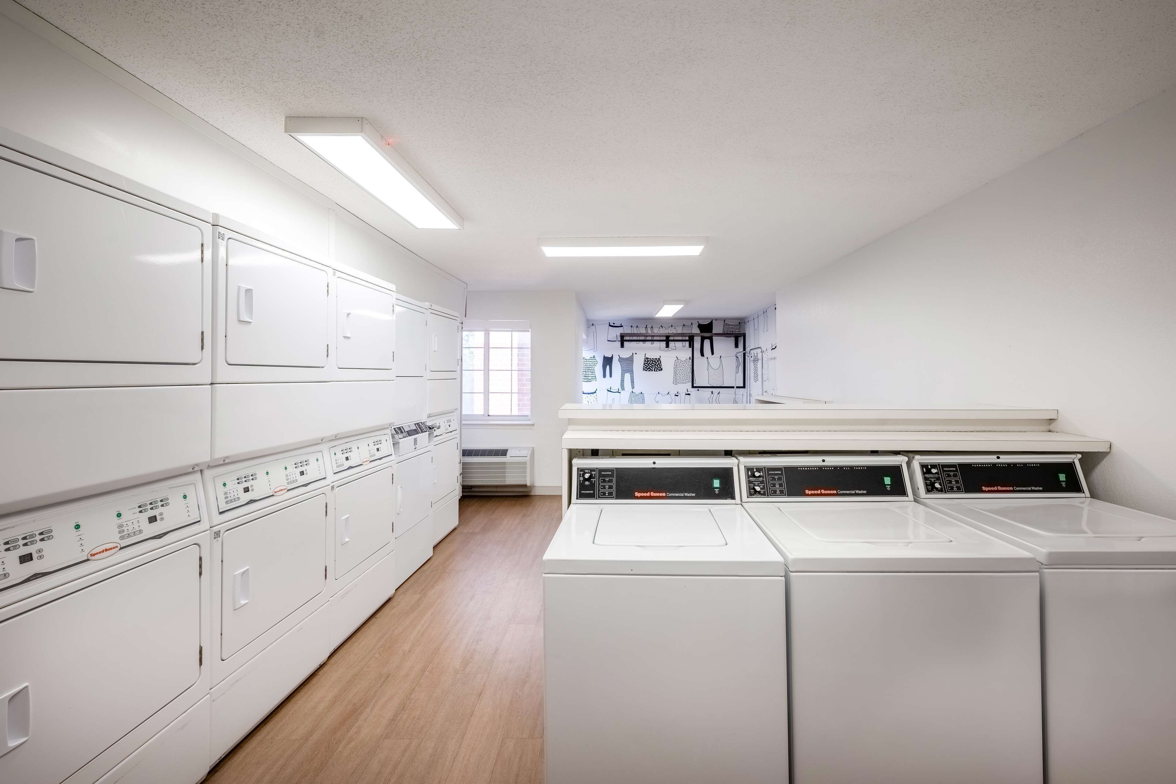 A laundry room with multiple washing machines and dryers, a white interior, and a window providing natural light.