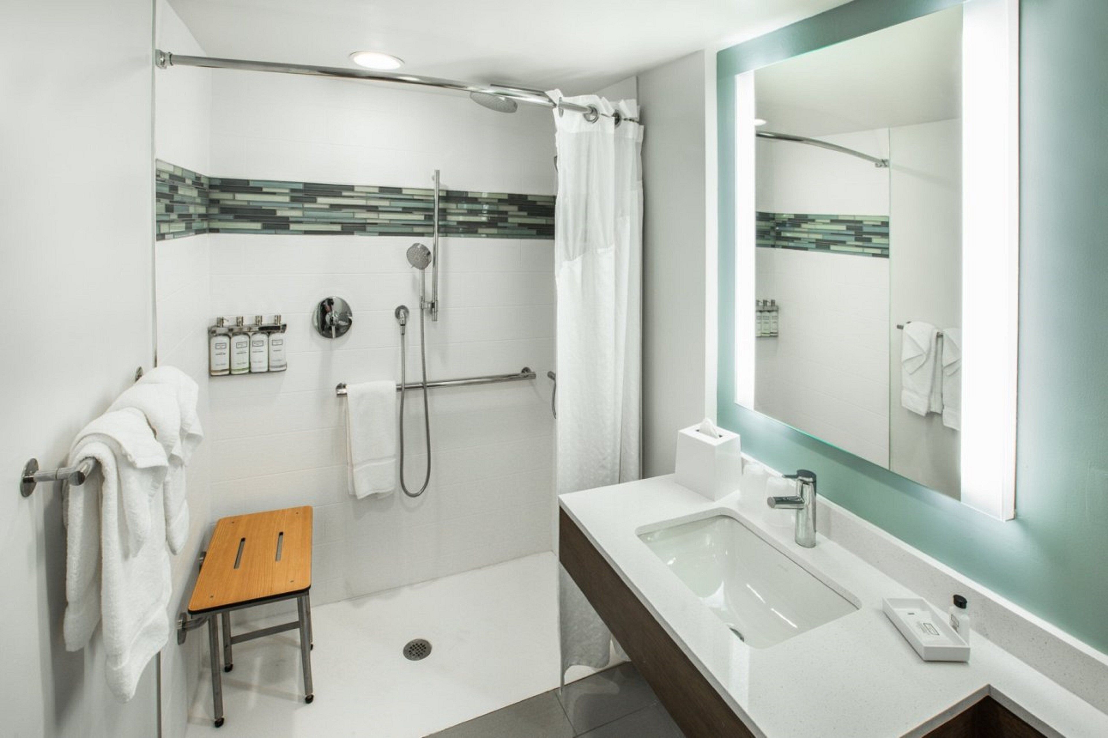 standard room, 1 king bed, roll-in shower (mobility accessible) | bathroom | designer toiletries, hair dryer, towels