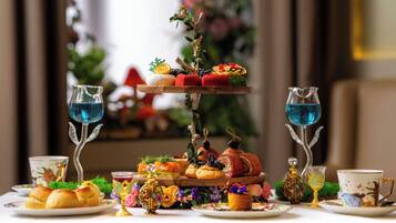 A tiered dessert stand with various pastries and a floral arrangement.