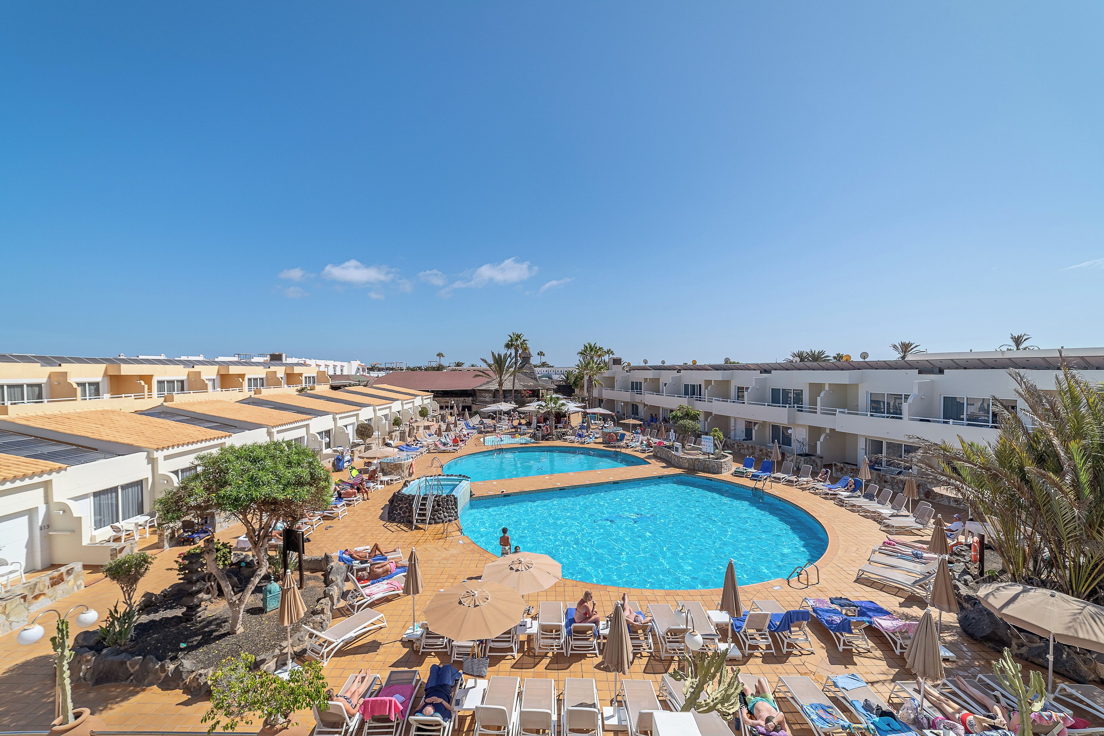 Un complexe hôtelier doté d’une grande piscine, de chaises longues et de palmiers.