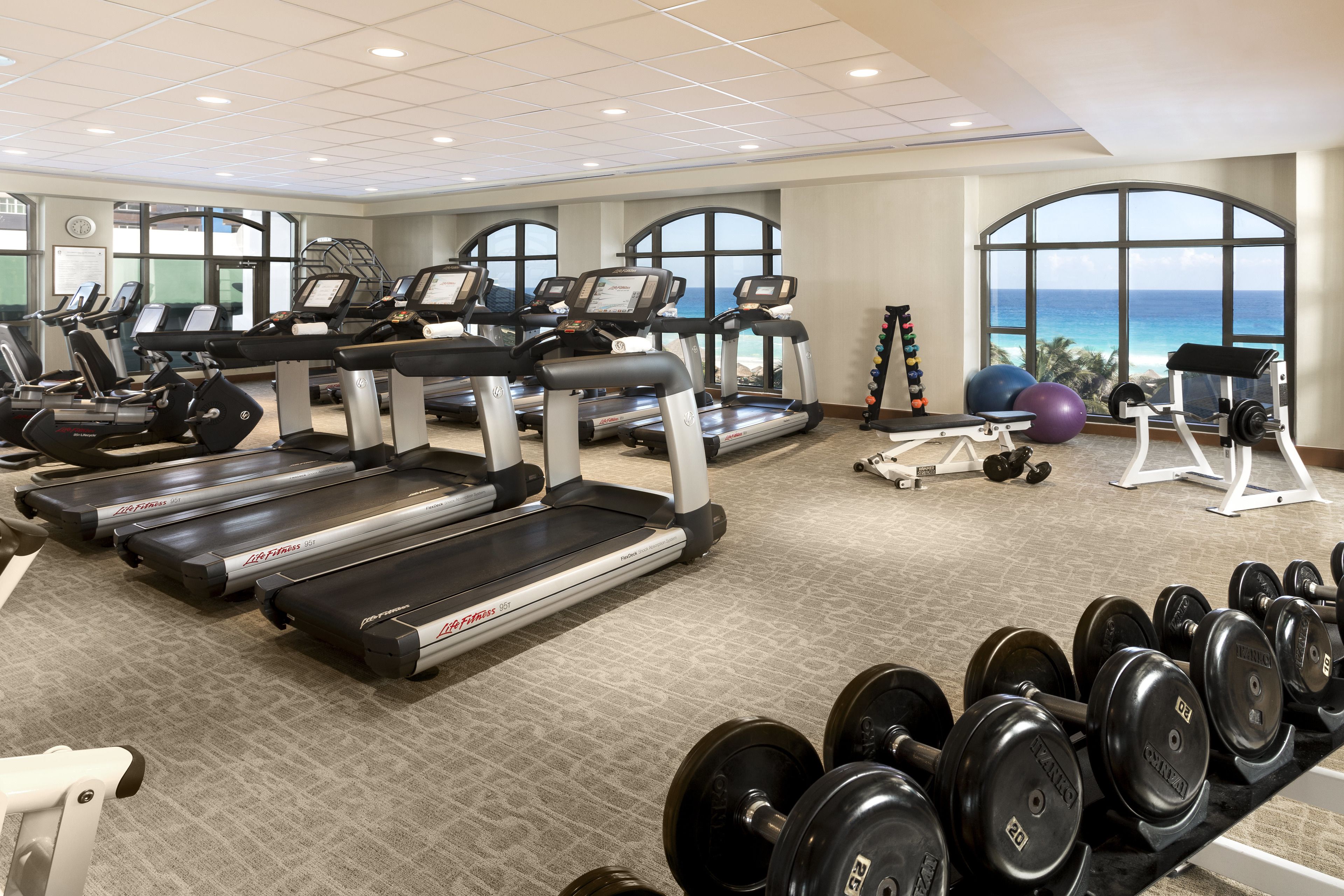 A gym with treadmills, dumbbells, and exercise balls, with large windows offering a view of the ocean.