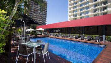 Outdoor pool, open 6:30 AM to 9:00 PM, pool loungers