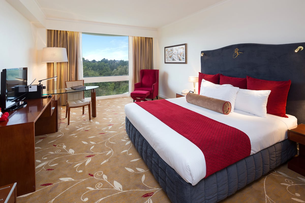 A hotel room with a large bed, a desk with a computer, a chair, and a view of the outdoors.