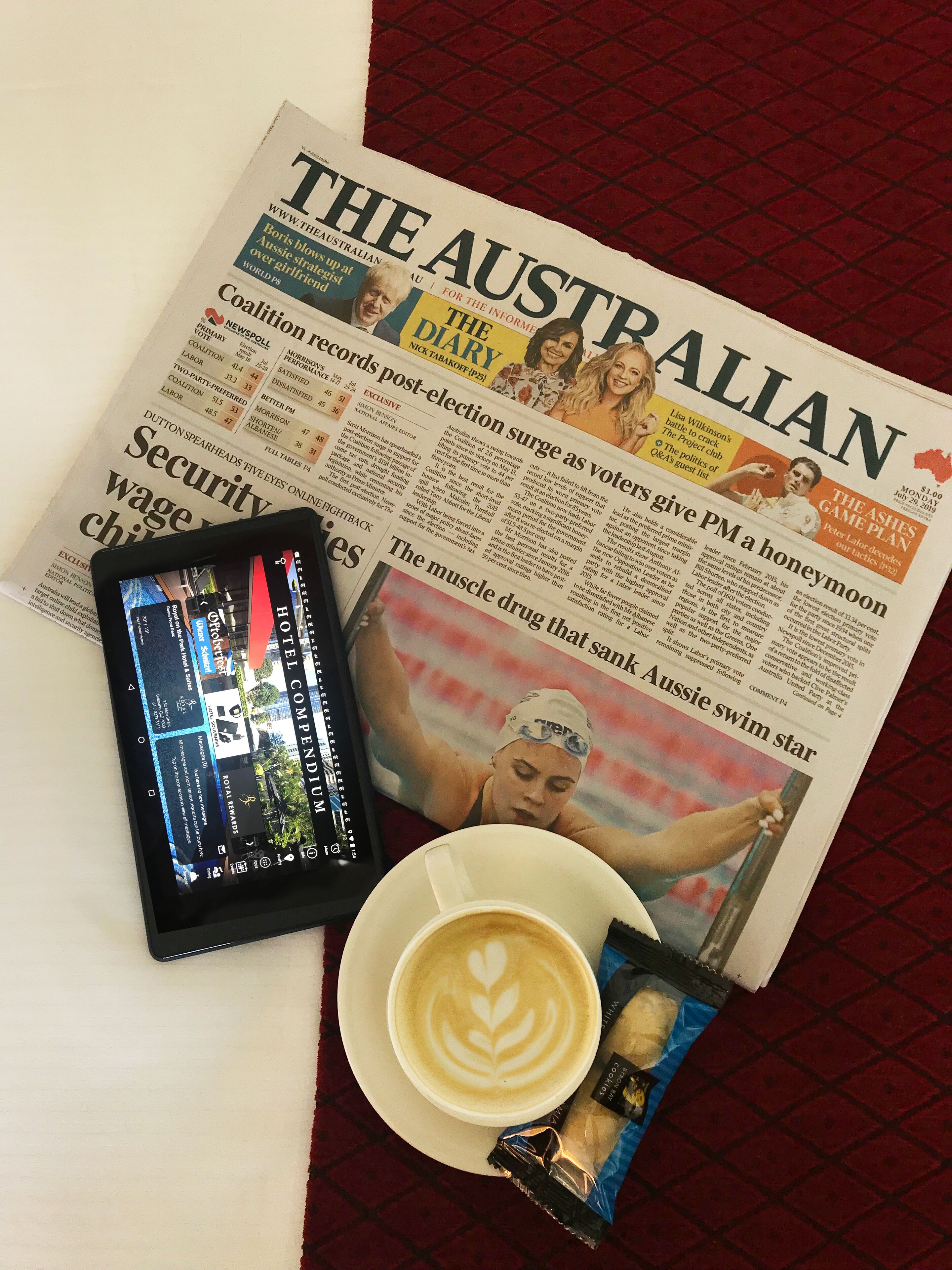 A newspaper, a tablet, a cup of coffee, and a packet of snacks on a table.