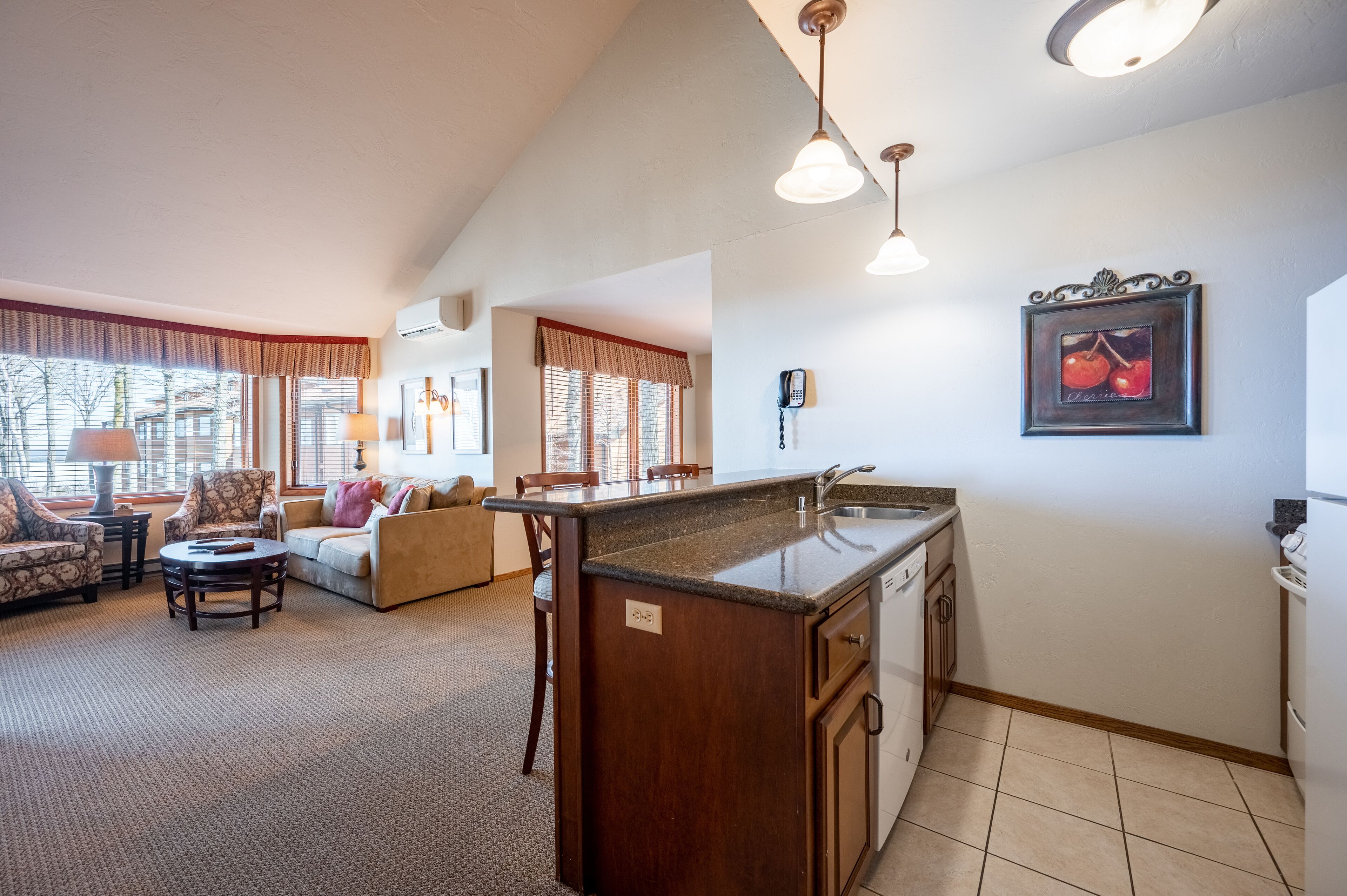 A spacious living room with a sofa, chairs, and a coffee table. There is a kitchen area with a sink and cabinets.