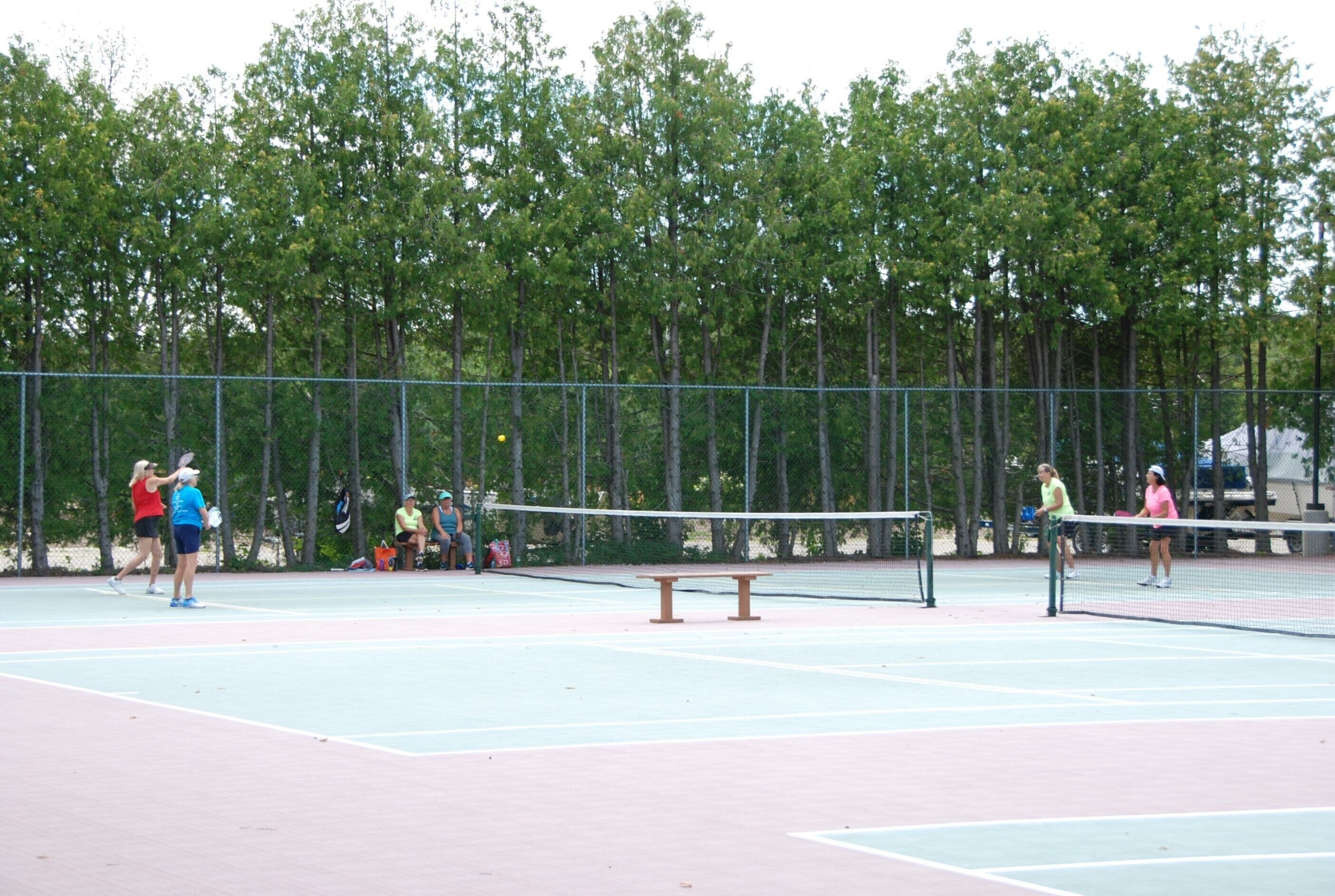 Un court de tennis avec un filet au milieu, entouré d’une clôture et bordé d’arbres au fond.
