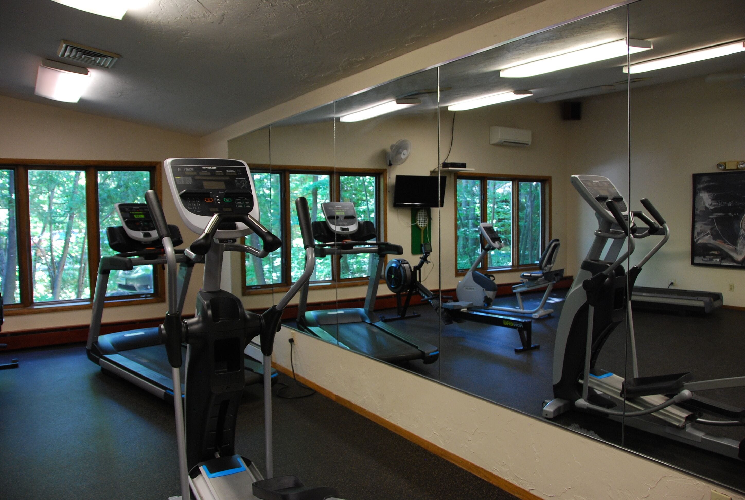A gym with multiple treadmills and exercise bikes, large windows with a view of trees, and a mirror reflecting the equipment.