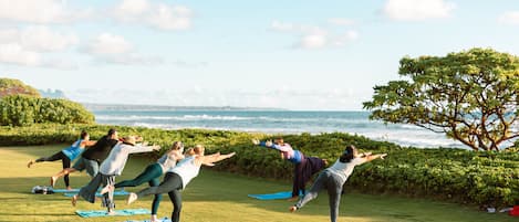 Un grupo de personas realizando una sesión de yoga al aire libre, con vista al océano y un árbol al fondo.
