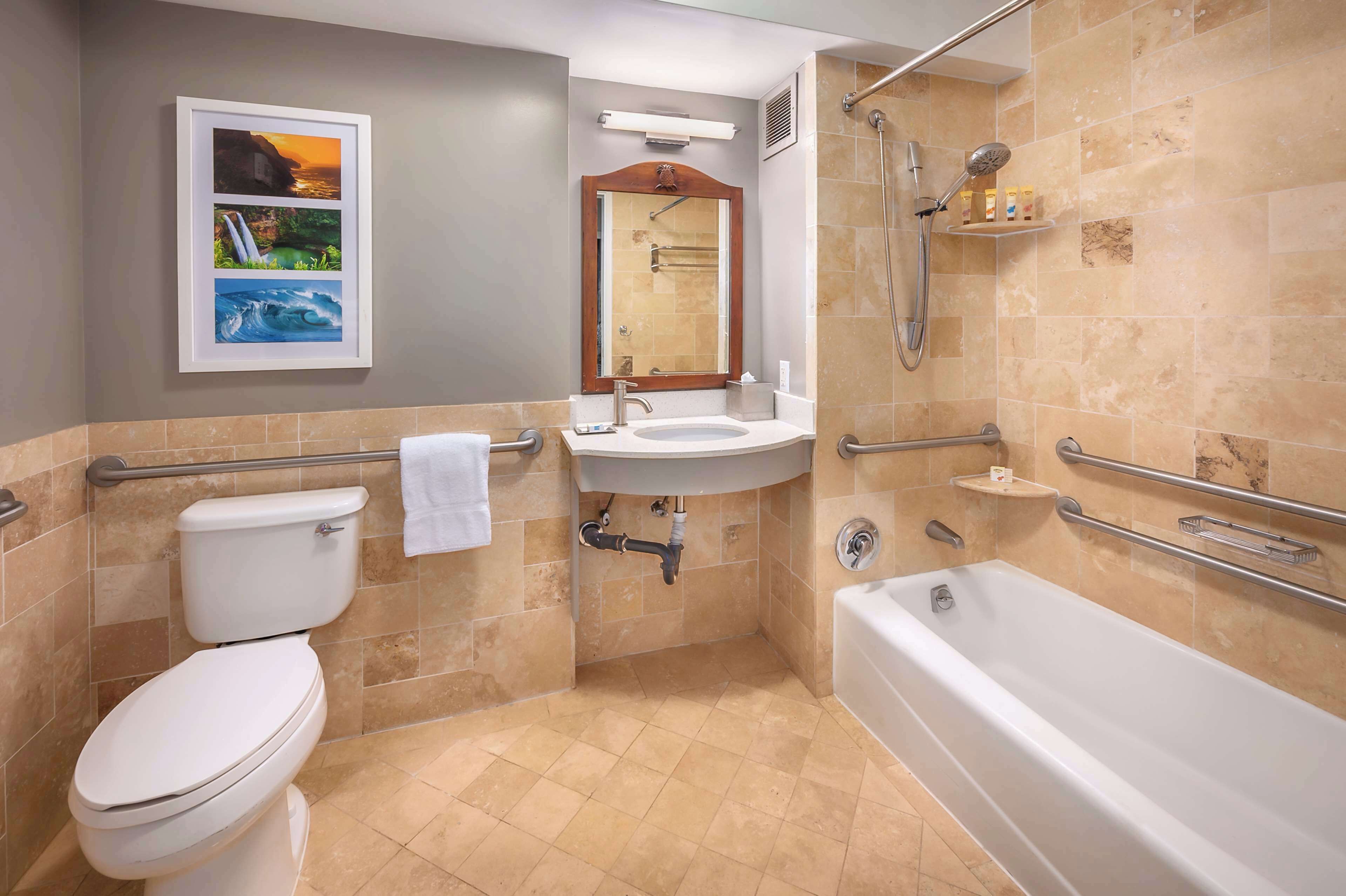 Une salle de bain équipée de toilettes, d’un lavabo, d’une baignoire et d’une douche. On y trouve également des barres d’appui et un porte-serviettes.