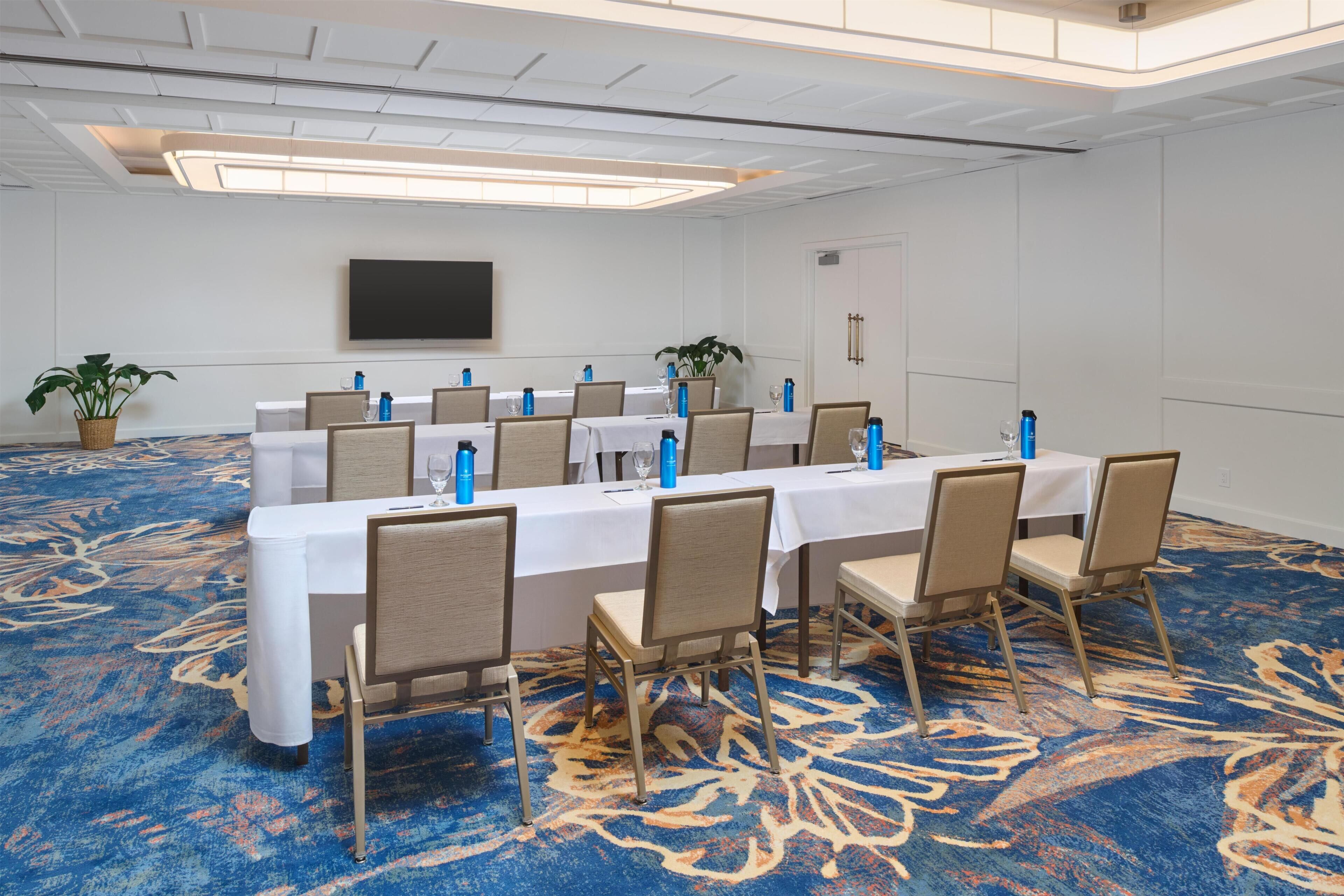 A conference room with a long table, chairs, a flat-screen TV, and a patterned carpet.