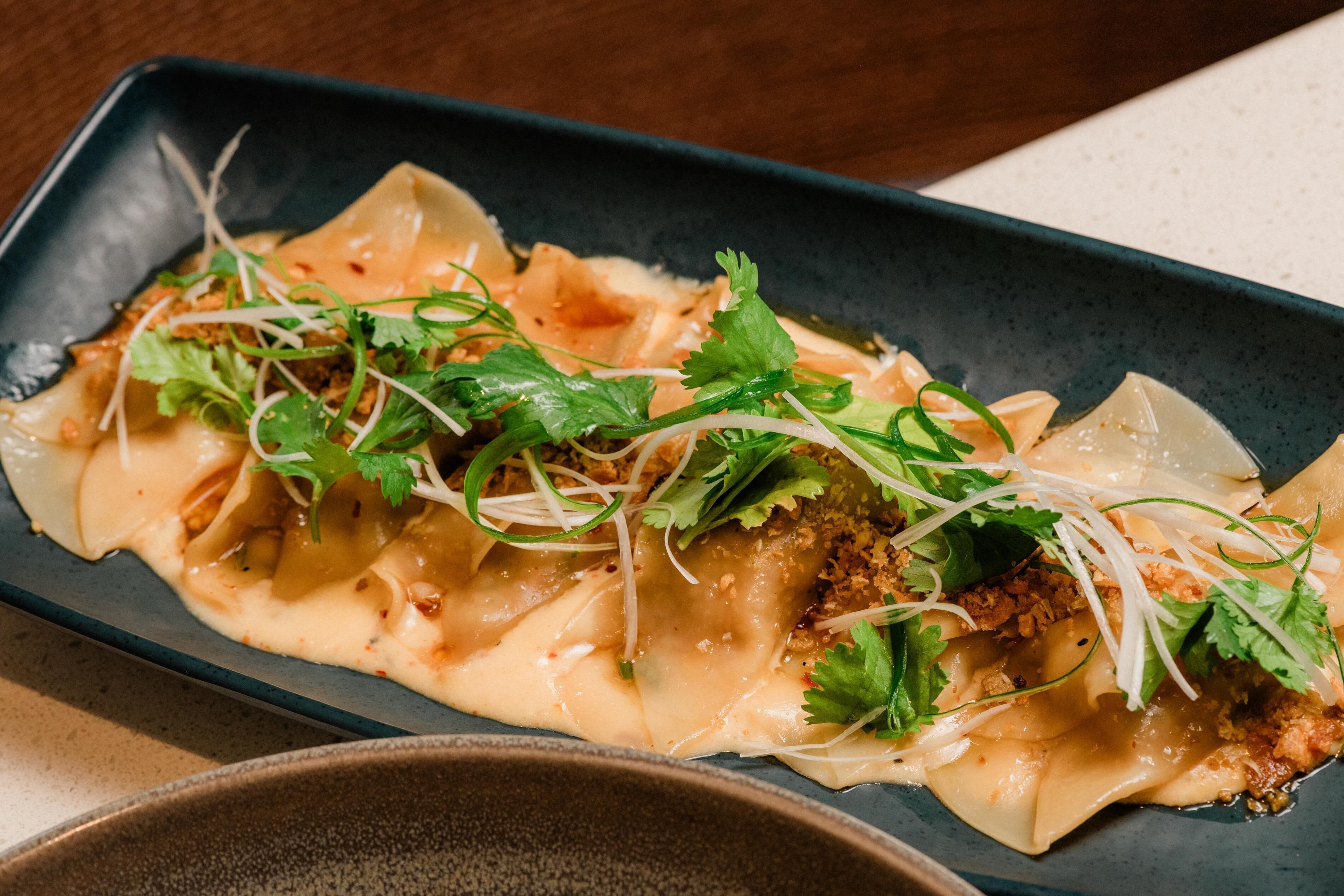 A rectangular plate with a dish of dumplings, garnished with green herbs and shredded vegetables.