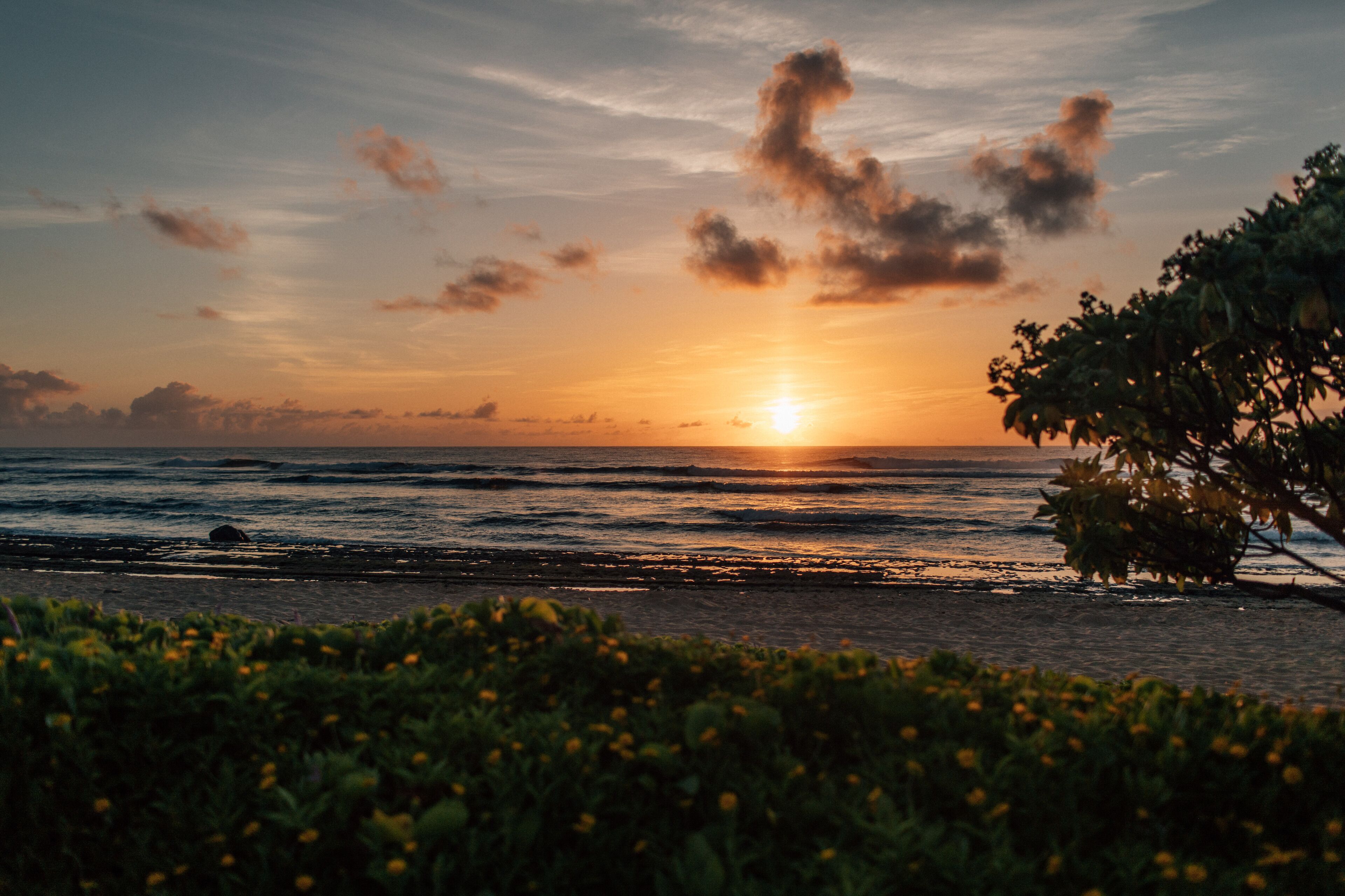 A sunset over the ocean with a beach in the foreground.