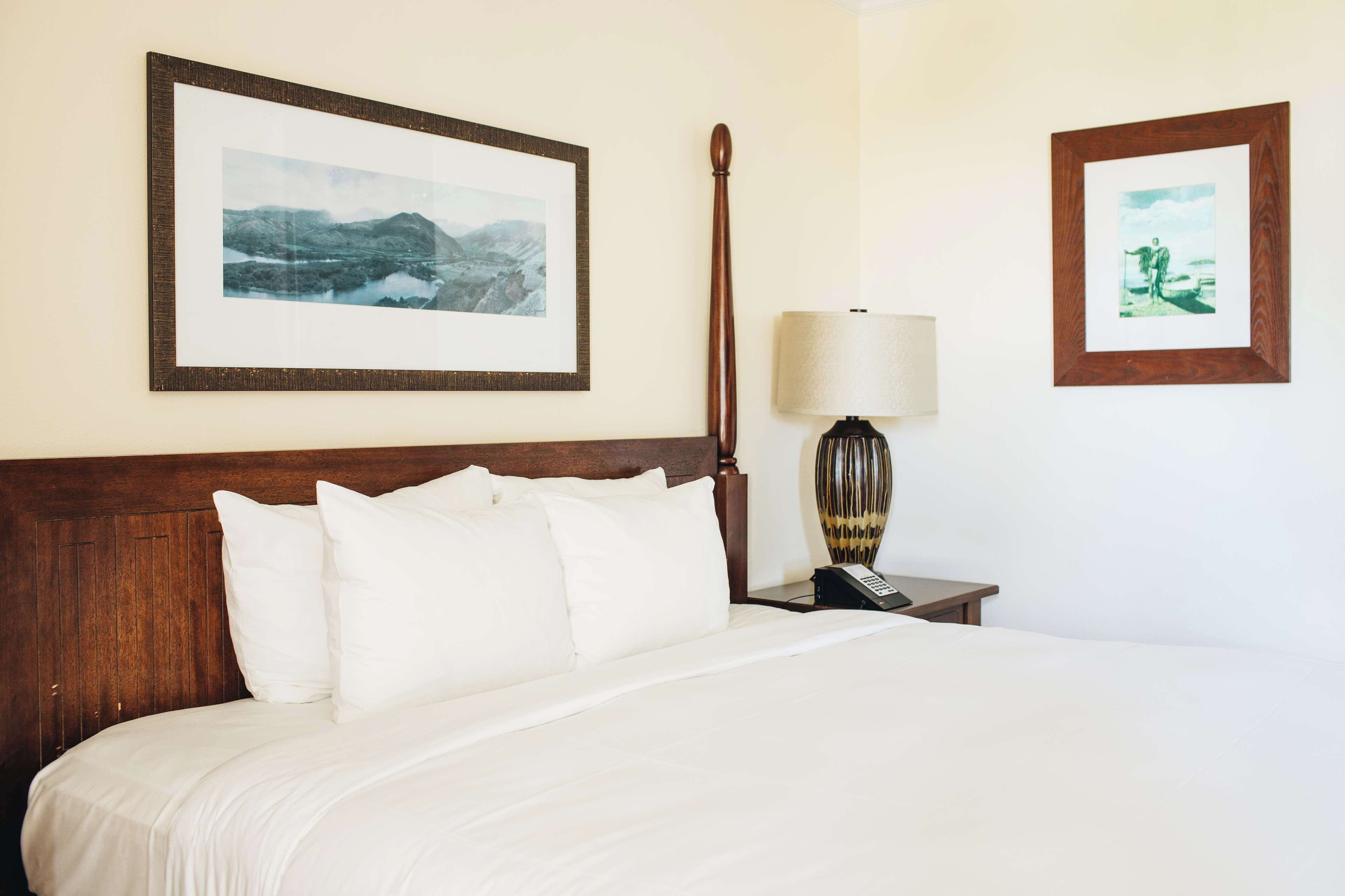 A hotel room with a large bed, a wooden headboard, a nightstand with a lamp, and two framed pictures on the wall.