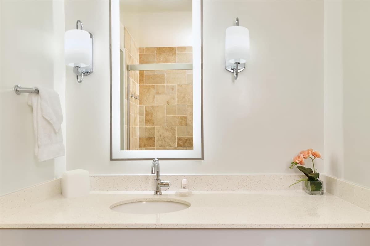 Combined shower/tub, free toiletries, hair dryer, towels