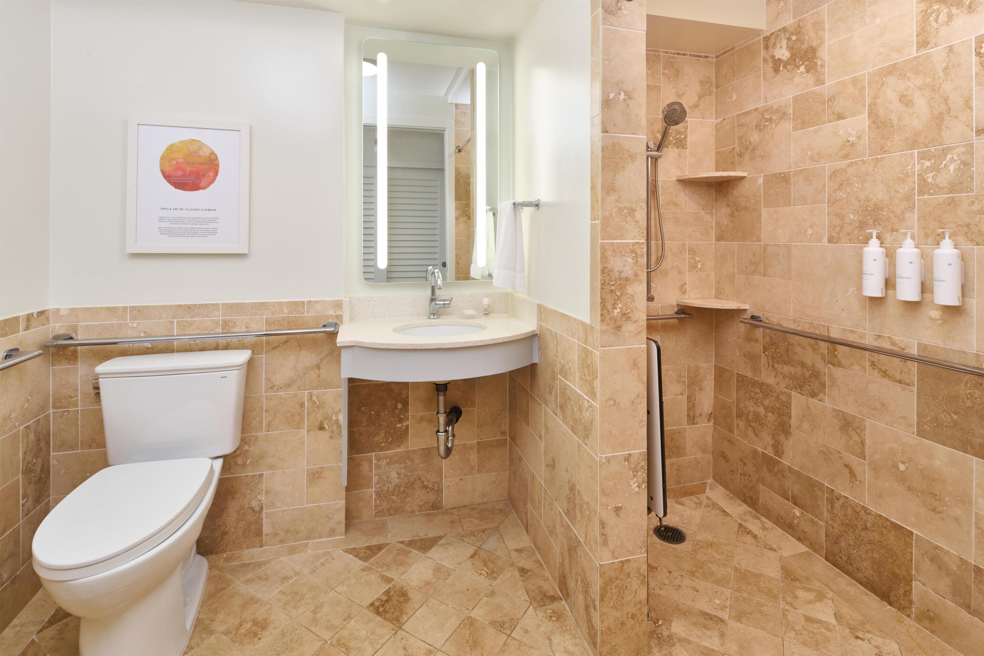 A bathroom with a toilet, sink, mirror, shower, and handrails.