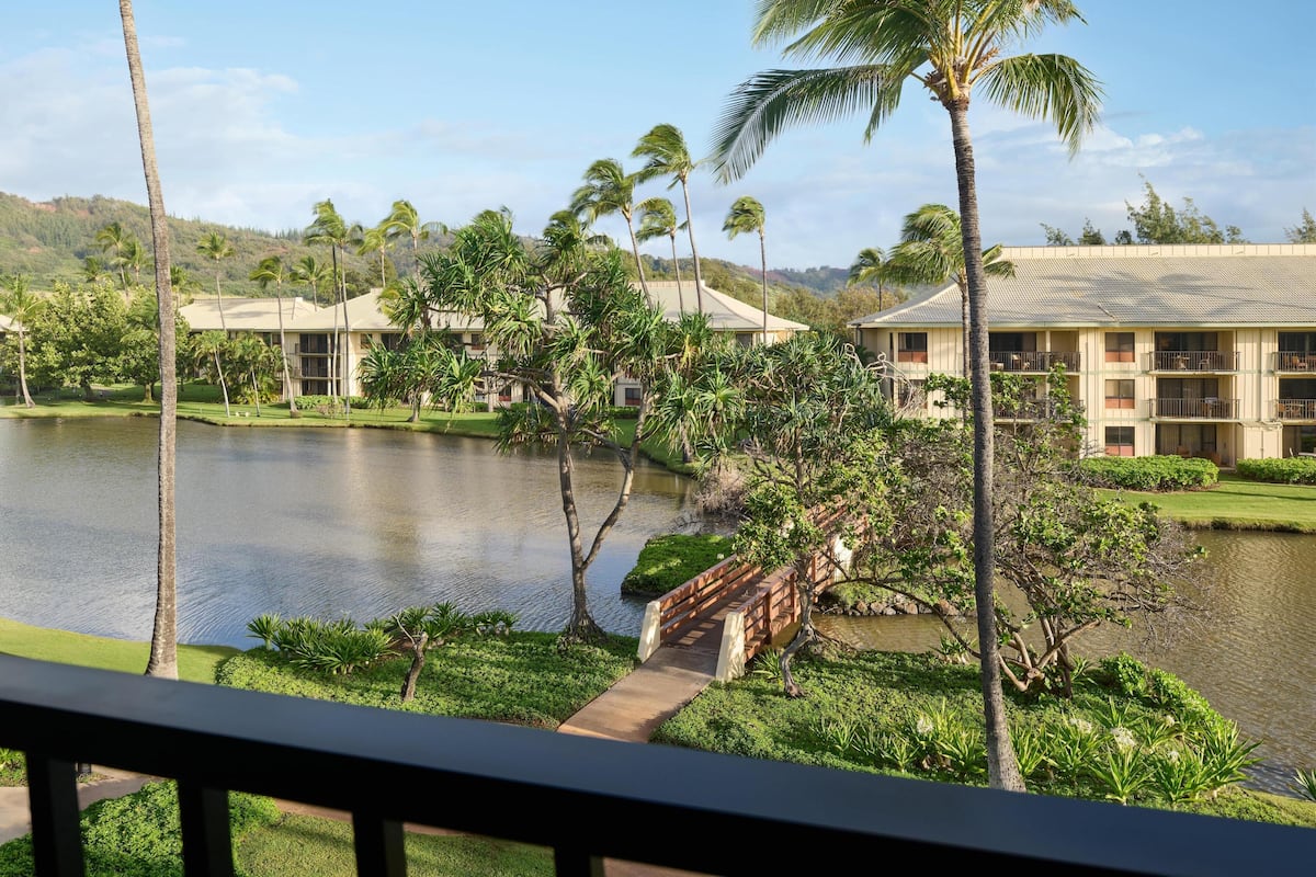 A resort with a lake, palm trees, and a bridge.