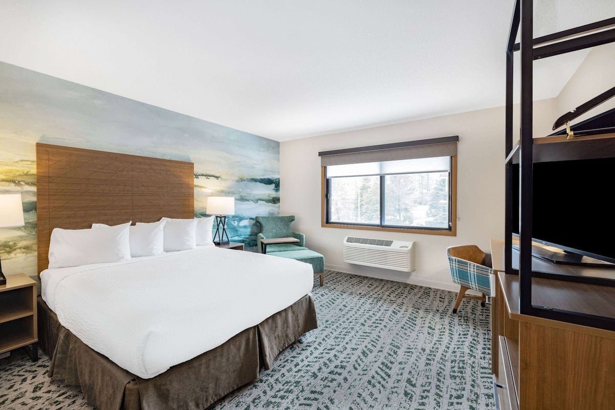 Een hotelkamer met een groot bed, een bureau, een stoel, een raam en een stapelbed.