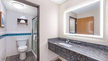 A modern bathroom with a toilet, sink, and mirror.