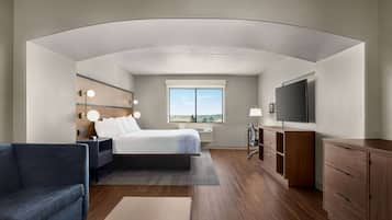 A hotel room with a large bed, a TV, a desk, and a view of the outdoors.