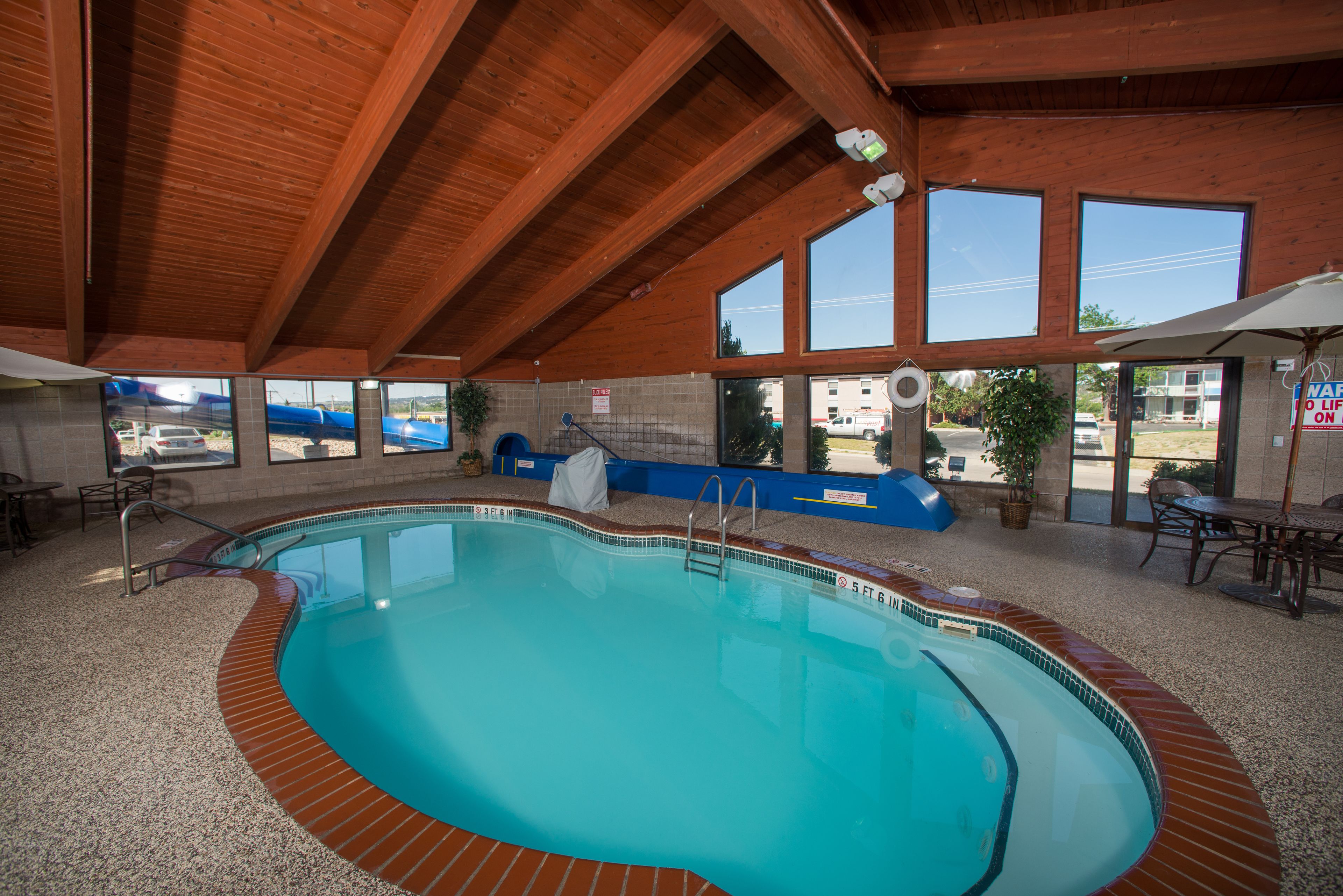 Une piscine intérieure dotée d’un plafond en bois et de grandes fenêtres.