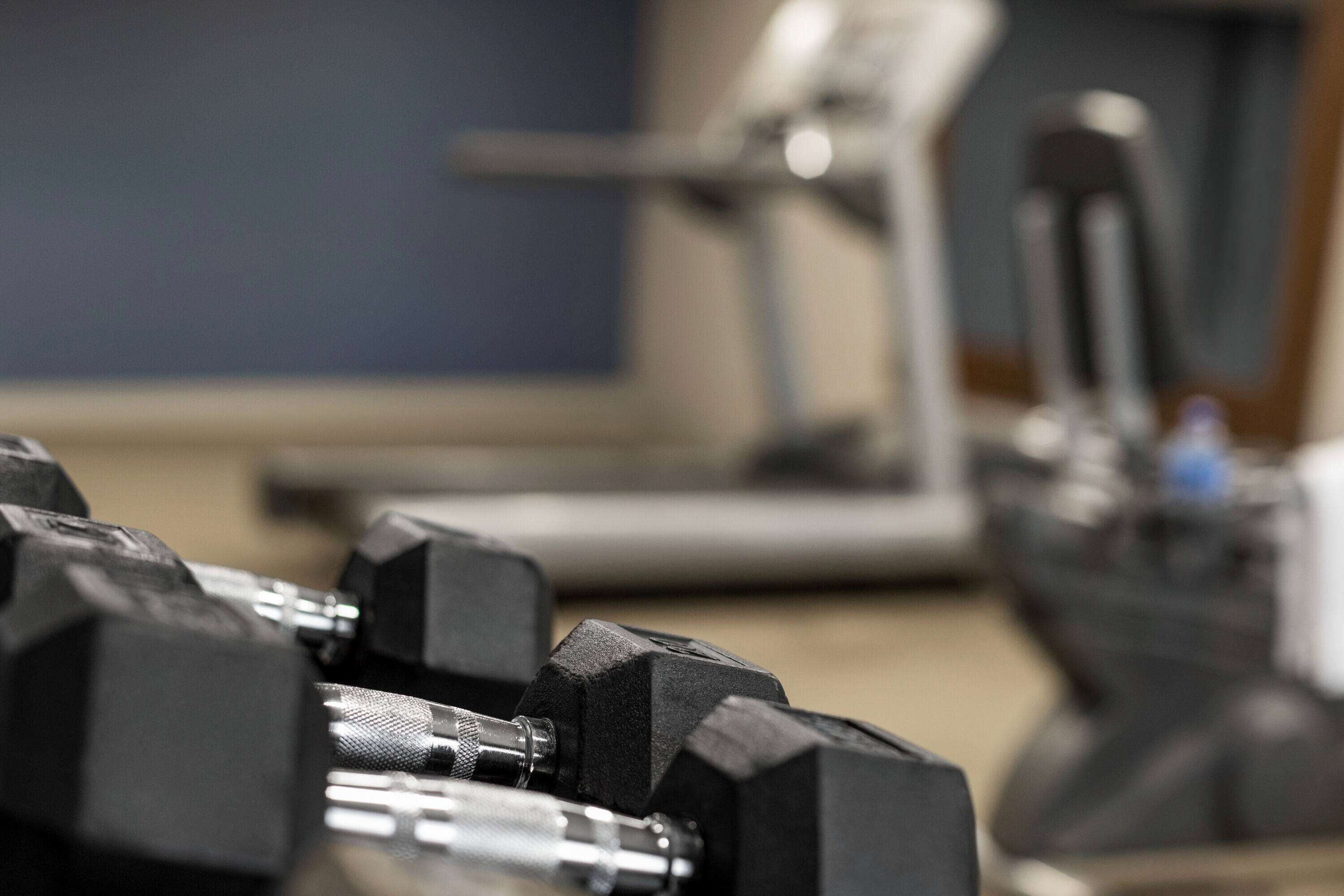 A close-up of black dumbbells on a workout bench.