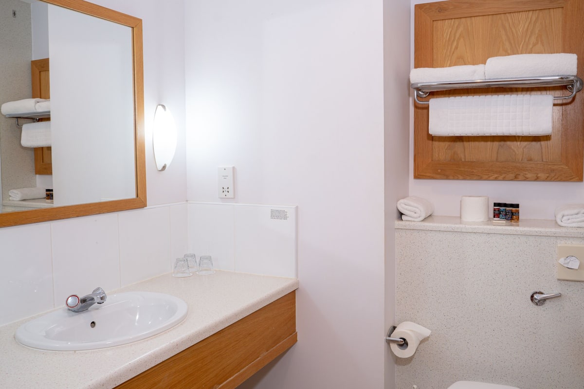 combined shower/bathtub, deep-soaking bathtub, free toiletries