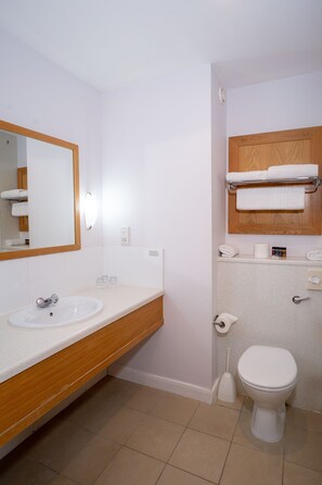 Combined shower/bathtub, deep-soaking bathtub, free toiletries