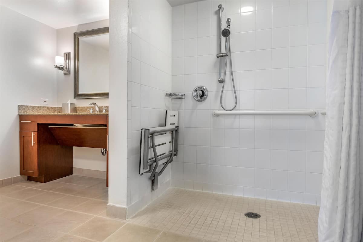 A bathroom with a shower, a sink with a mirror, and a toilet.